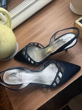 Adrianna Papell Navy Satin Slingback Pointed Toe Heels with Crystal Straps